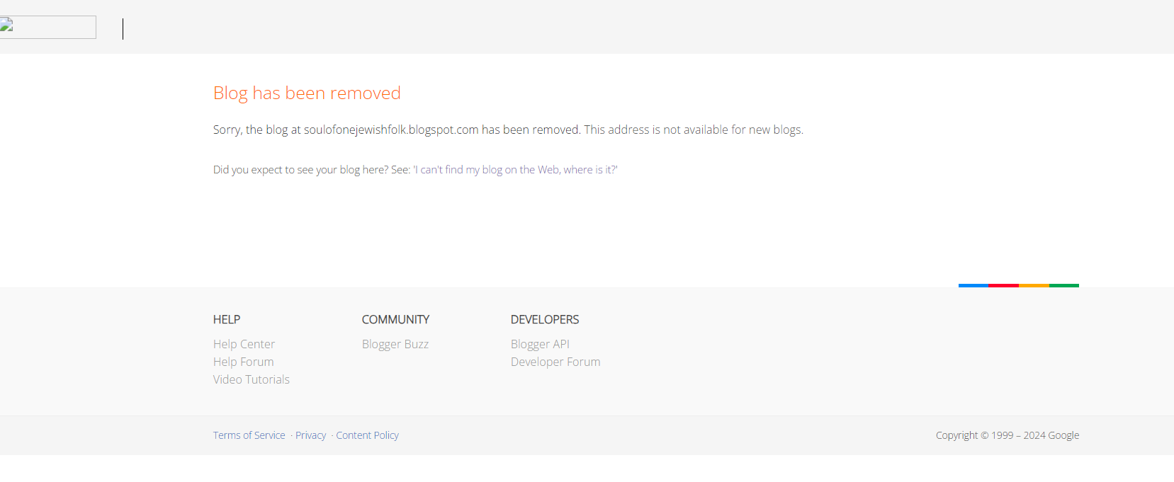 Screenshot of a Blogger page saying the blog soulofonejewishfolk.blogspot.com has been removed